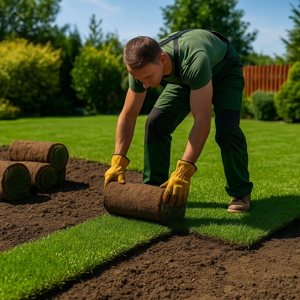 Profesjonalne zakładanie trawnika w Trójmieście – ogrodnik rozkłada trawę z rolki na przygotowanym terenie w słoneczny dzień