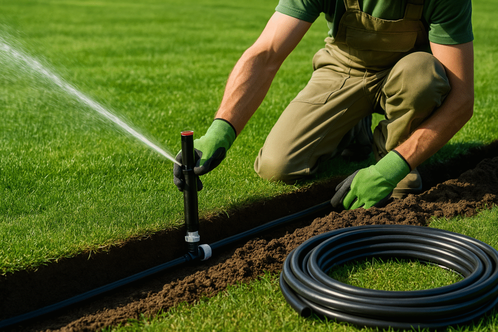 Profesjonalny montaż systemu nawadniania trawnika w Trójmieście – zraszacze podlewające zieloną trawę, słoneczny ogród